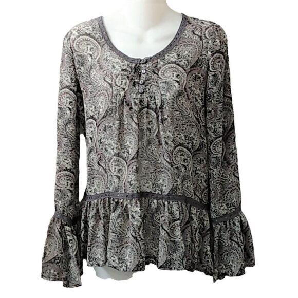 Charming Charlie Women's Sheer Gray Paisley Long Bell Sleeve Peplum Blouse Small - Picture 1 of 10